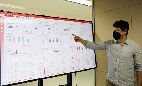 롯데정보통신 관계자가 시큐파이 화이트 솔루션 작동현황을 살펴보고 있다. 롯데정보통신 제공